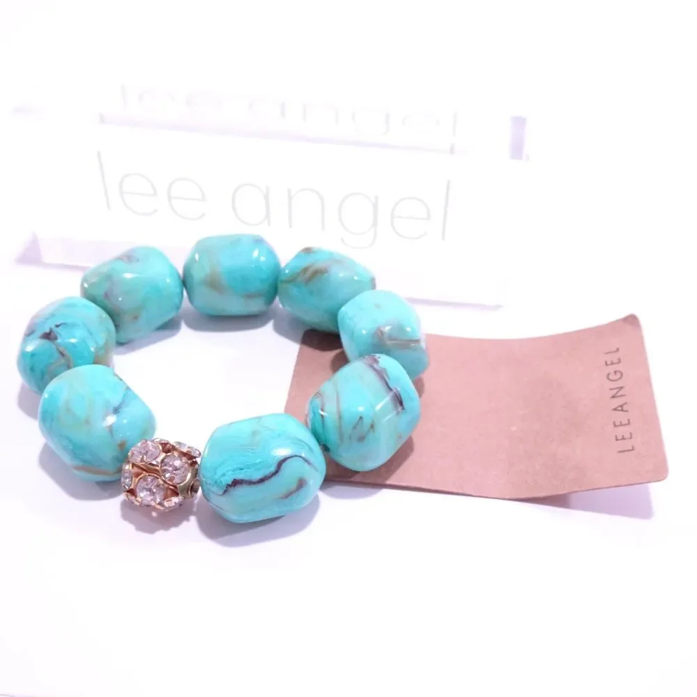 Lee Angel Women's Turq Swirl Marble Stone Fireball Stretch Bracelet NWT 125